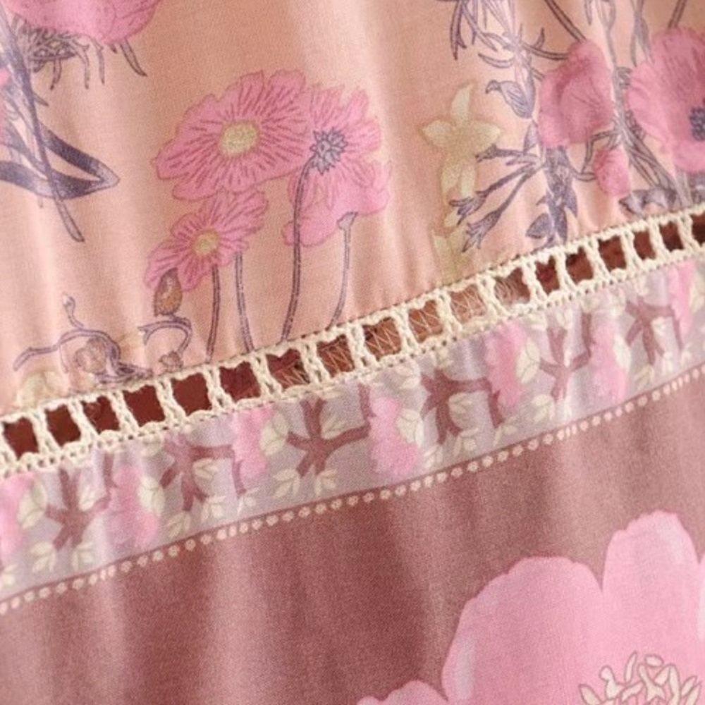 Bohemian Floral Print Maxi Dress Pink Boho Gypsy - Picture 10 of 12
